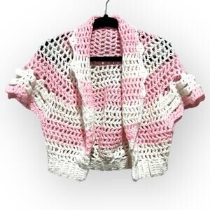 Handmade OOAK Grandma Crocheted Striped Short Sleeve Cardigan Small pink white